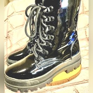 Black Combat Boots, Patent Leather Combat Boot, Combat Boots, Lace-up Boots